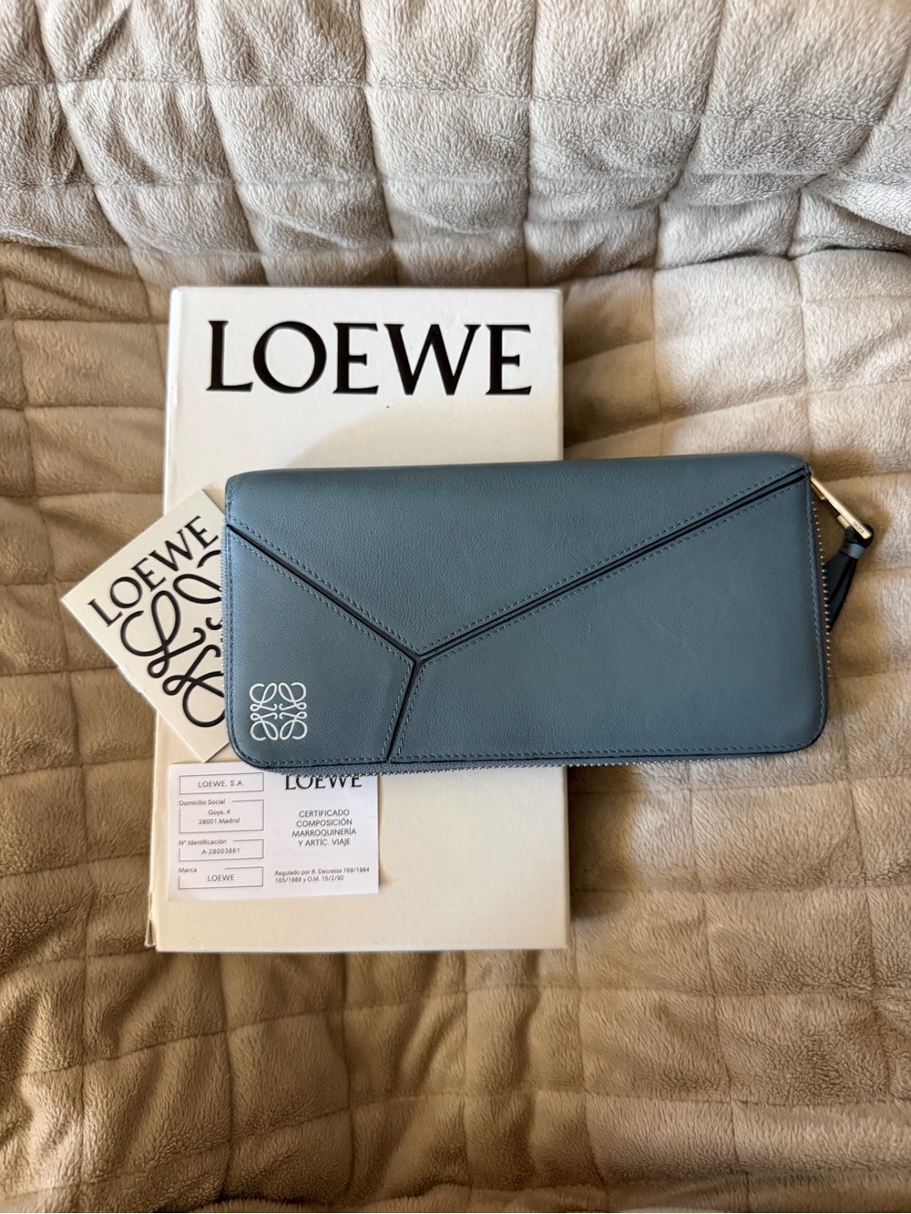 LOEWE Puzzle Style Leather Zip-Around Slate Blue Wallet, NWOT!